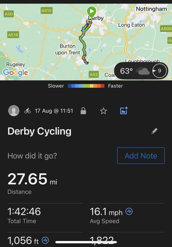 Screenshot of Louis’ ride tracked. 27.65 miles. 1 hour 42 minutes. 16.1 mph average.