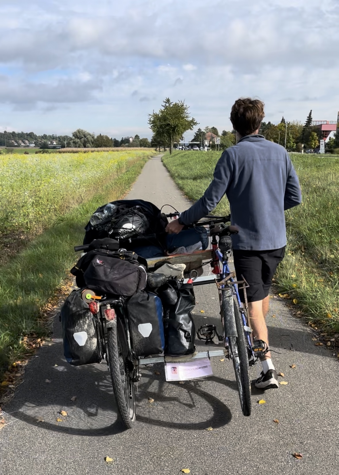 The first official pushing not pedalling of the Trike trip, on Day 16 – Two Guys One Trike